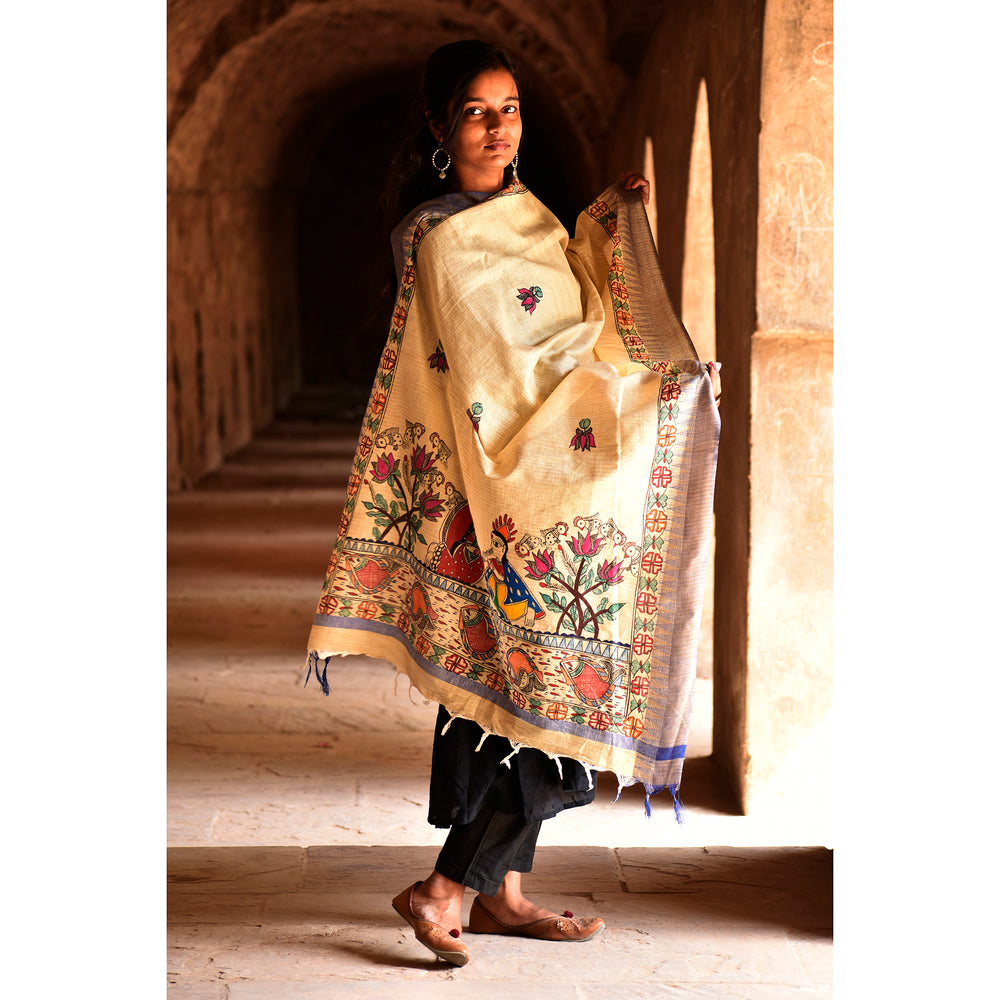 Beige - Madhubani Hand-Painted Radha Krishna Cotton Dupatta