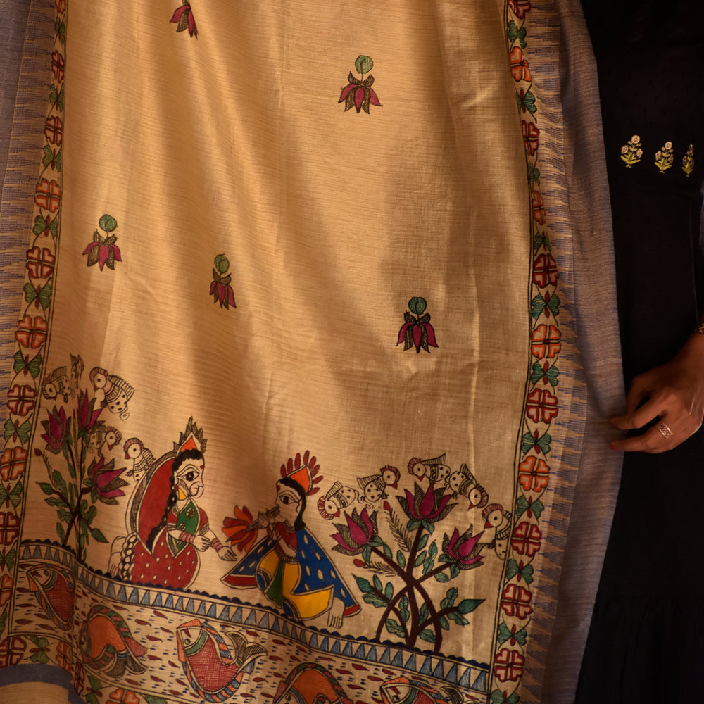 Beige - Madhubani Hand-Painted Radha Krishna Cotton Dupatta