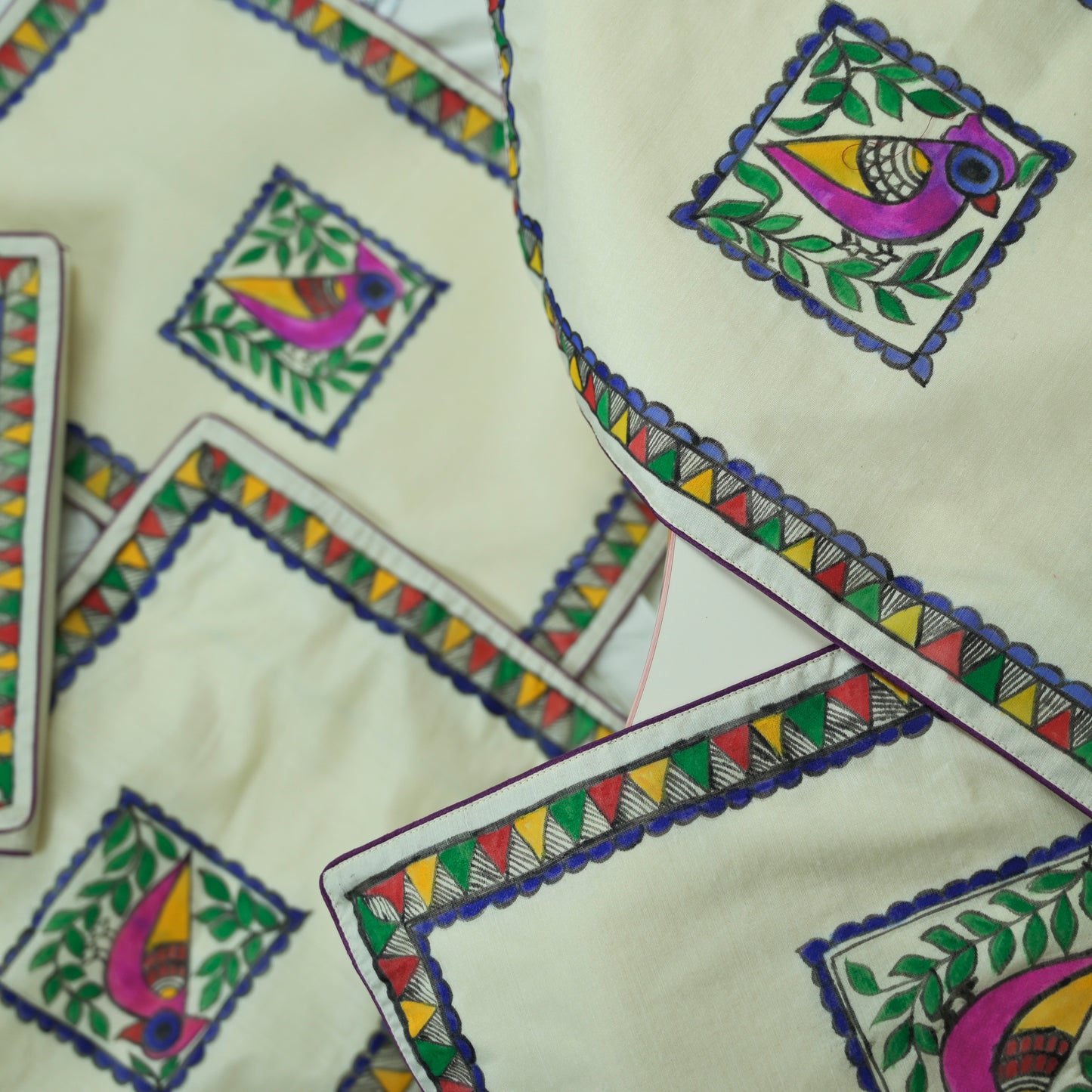 Madhubani Handpainted Chanderi Table Runner & Table Mats Set