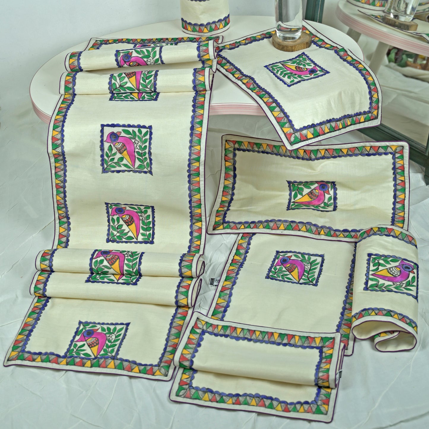 Madhubani Handpainted Chanderi Table Runner & Table Mats Set