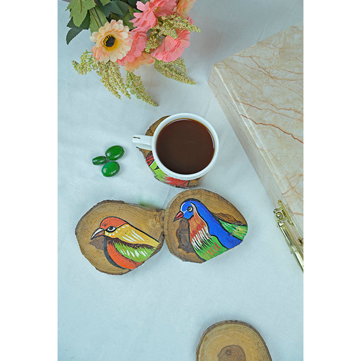 Teak Wood Handpainted Birdie Coasters- Set of 4