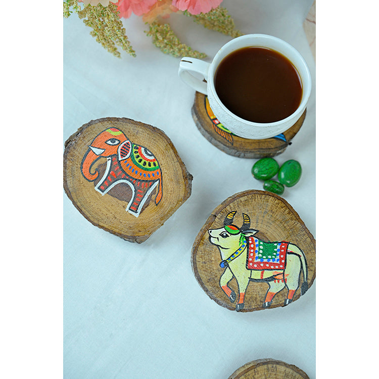 Teak Wood Handpainted Wilderness Coasters- Set of 4