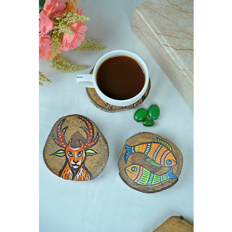 Teak Wood Handpainted Wilderness Coasters- Set of 4