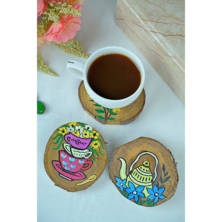 Teak Wood Handpainted Tea-time Coasters- Set of 4