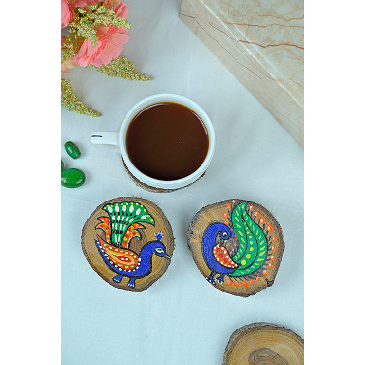 Teak Wood Handpainted Mayura Coasters- Set of 4