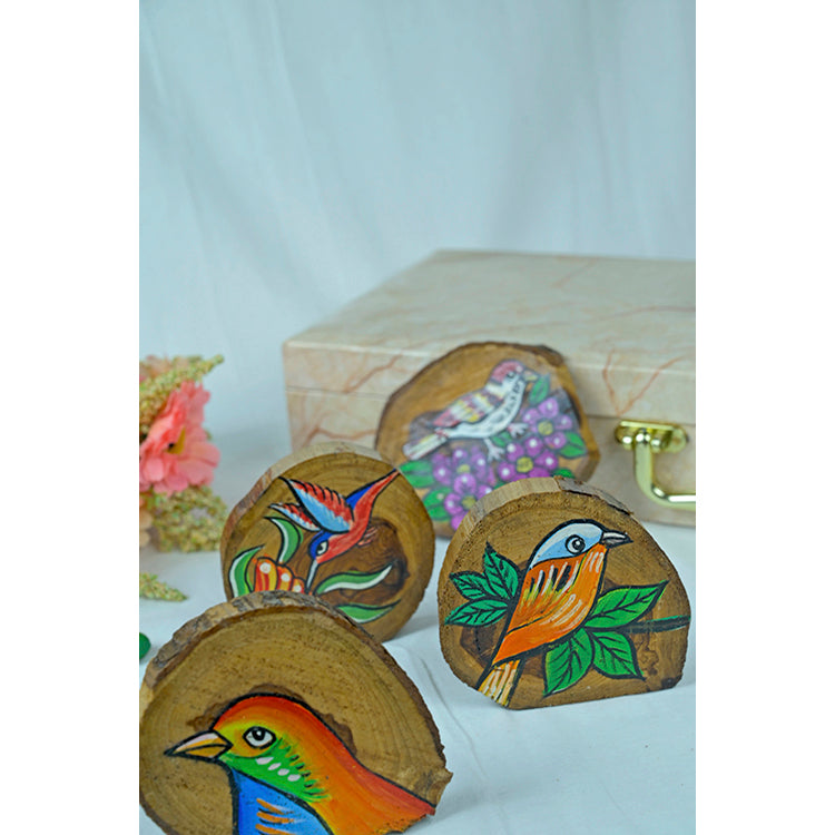 Teak Wood Handpainted Fledgling Coasters- Set of 4