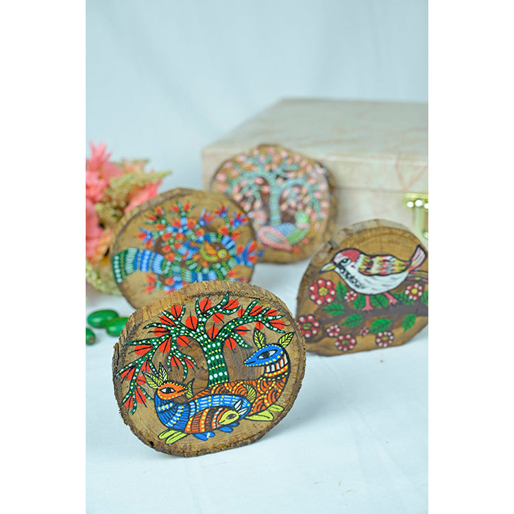 Teak Wood Handpainted Gond Art Coasters- Set of 4