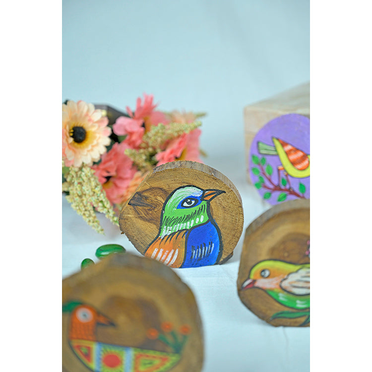 Teak Wood Handpainted Chirping Coasters- Set of 4