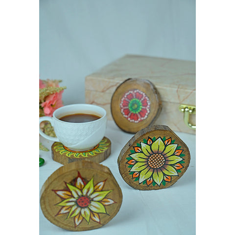 Teak Wood Handpainted Bloom Coasters- Set of 4