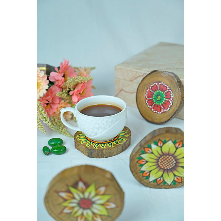 Teak Wood Handpainted Bloom Coasters- Set of 4