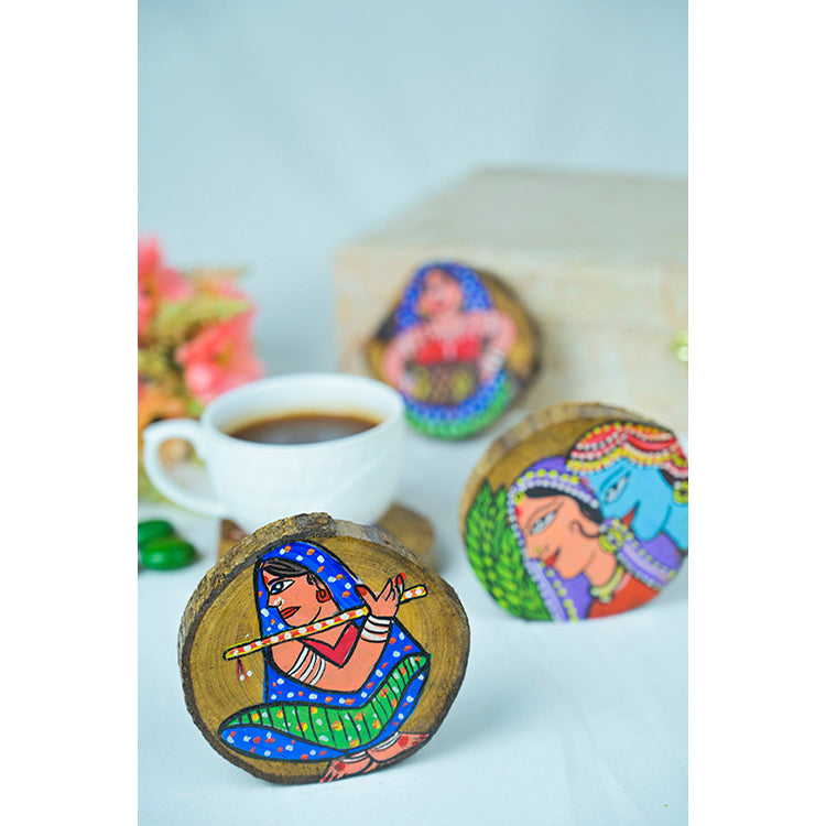 Teak Wood Handpainted Tribe Coasters- Set of 4