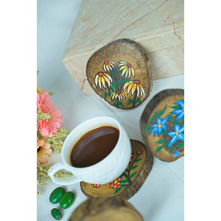 Teak Wood Handpainted Blossom Coasters- Set of 4