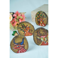 Teak Wood Handpainted Reindeer Coasters- Set of 4