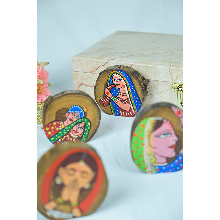 Teak Wood Handpainted Folklore Coasters- Set of 4