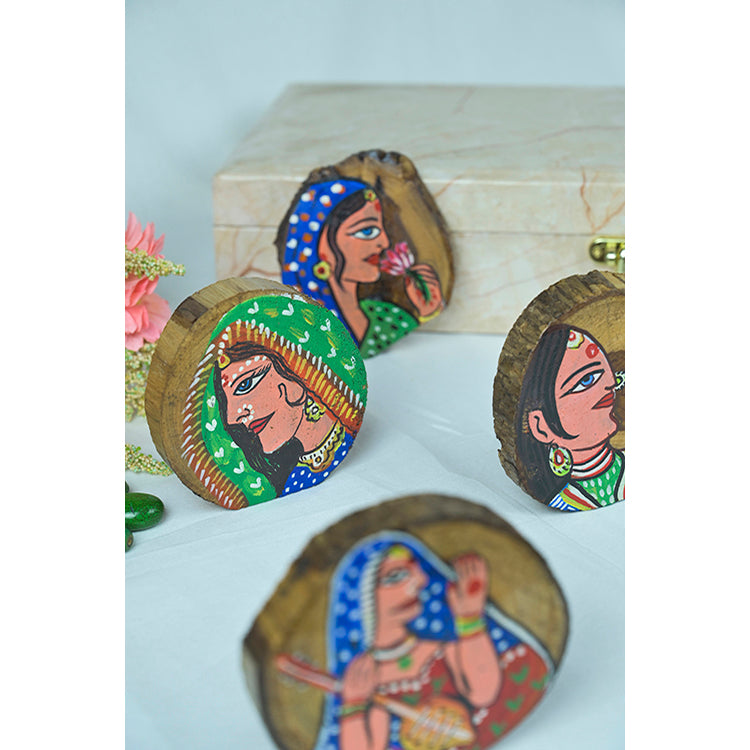 Teak Wood Handpainted Art Coasters- Set of 4