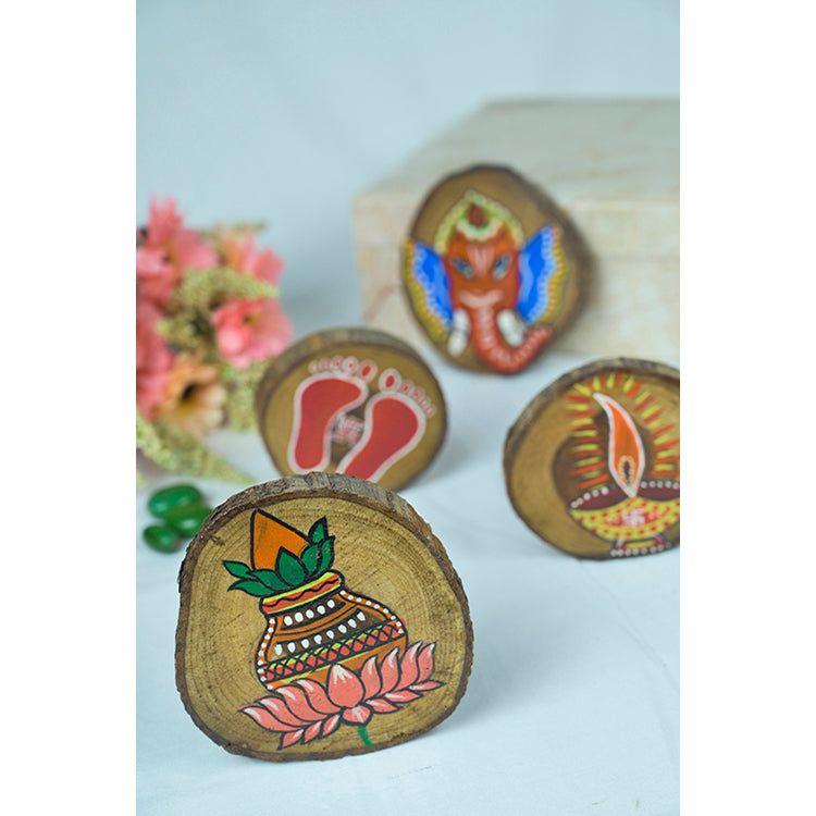 Teak Wood Handpainted Vinayak Coasters- Set of 4