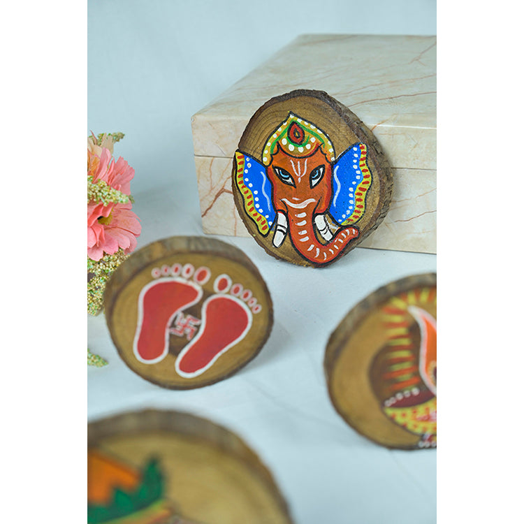 Teak Wood Handpainted Vinayak Coasters- Set of 4