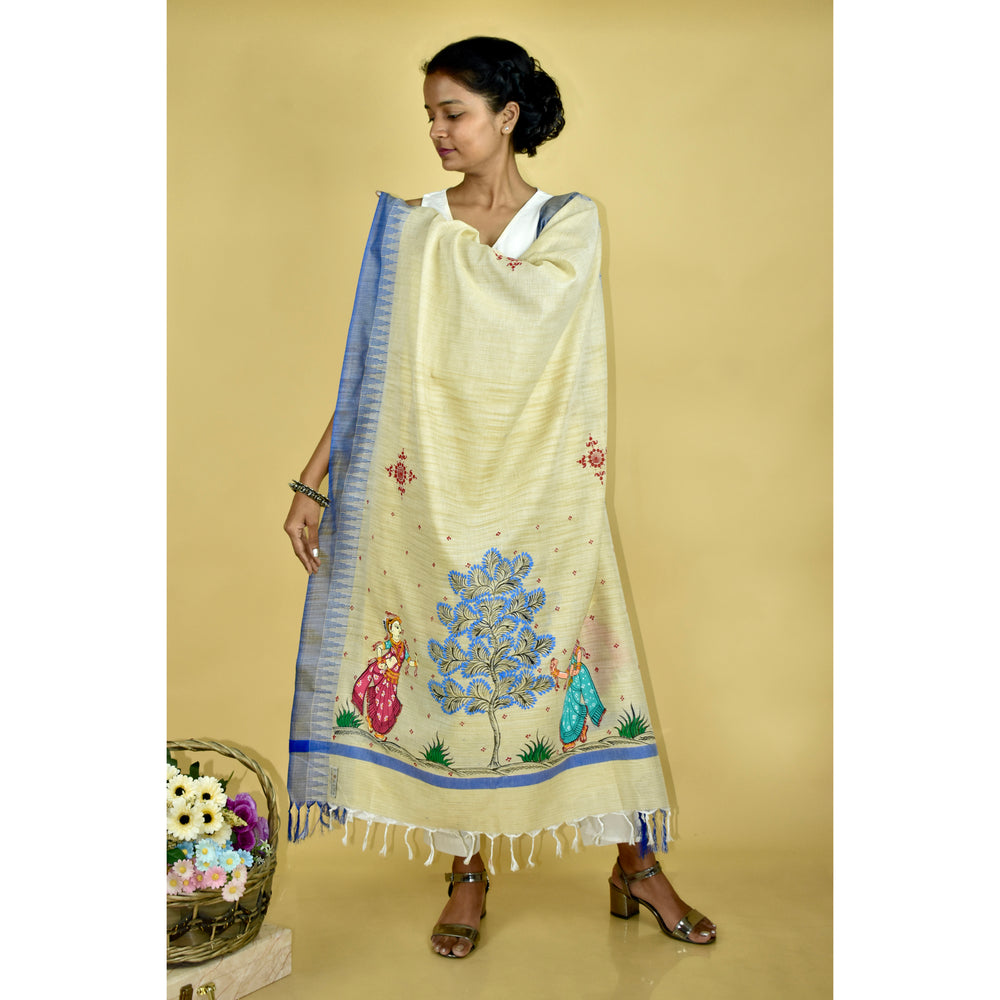 Pattachitra Handpainted Indigo Cotton Silk Dupatta