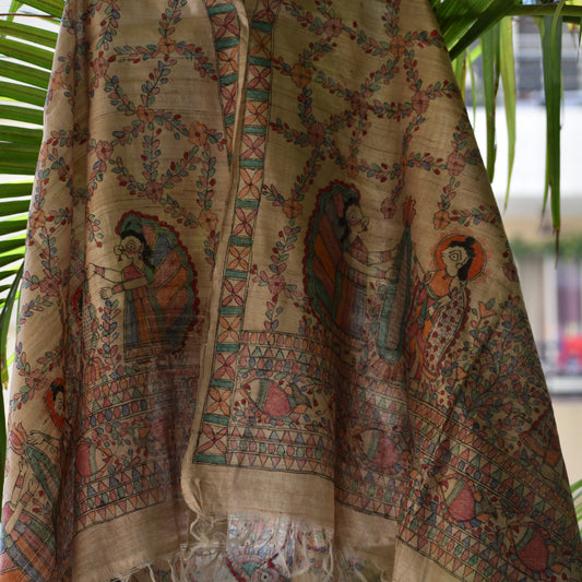 Brown - Madhubani Hand-Painted Natural Tussar Silk Dupatta