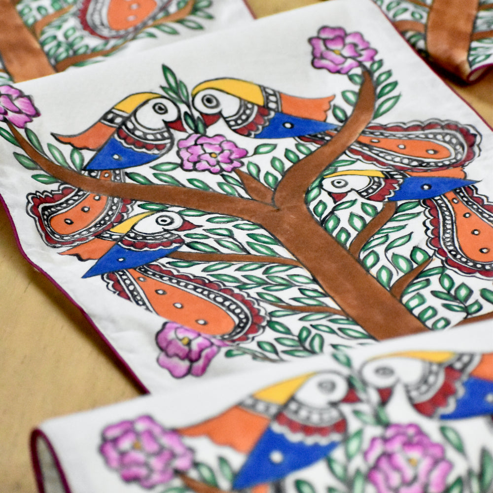 Madhubani Handpainted Chanderi Table Runner & Table Mats Set