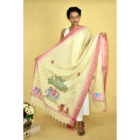 Pattachitra Handpainted GajGamini Cotton Dupatta