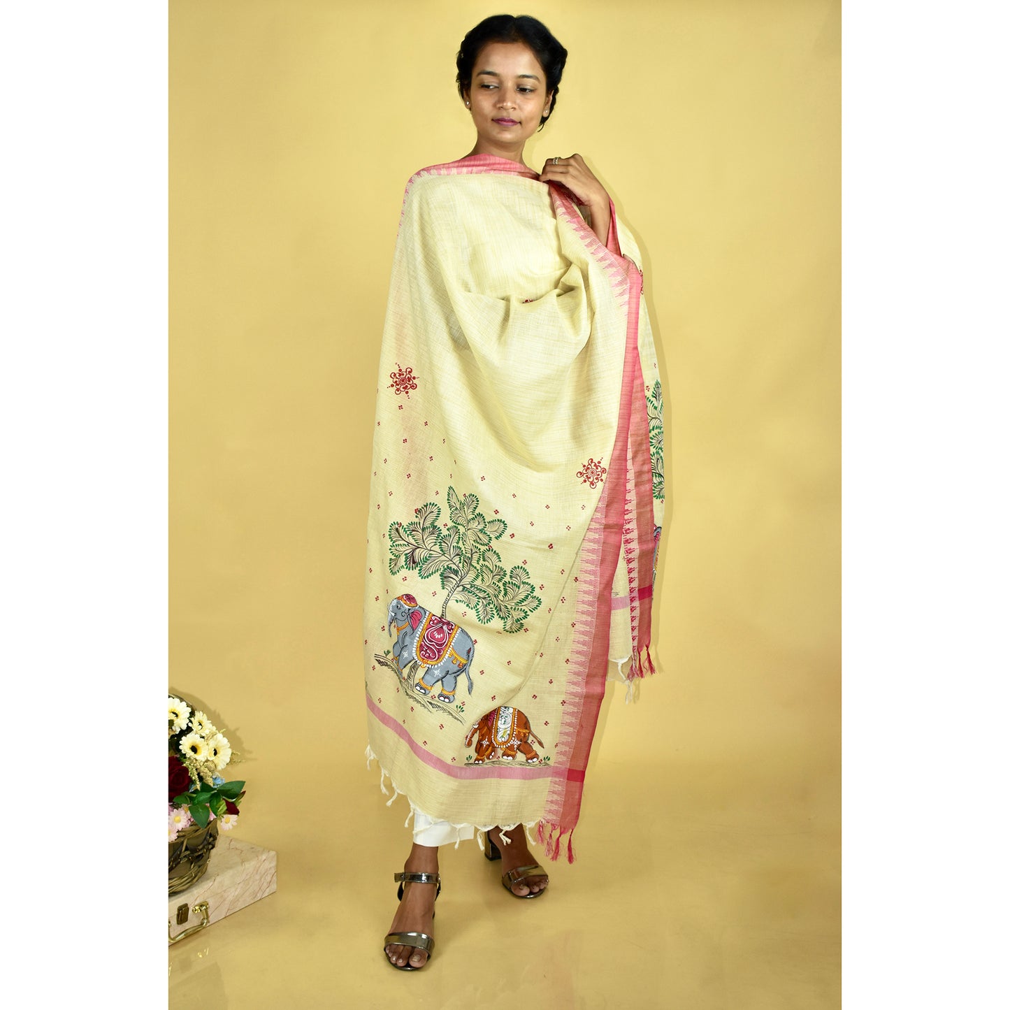 Pattachitra Handpainted GajGamini Cotton Dupatta