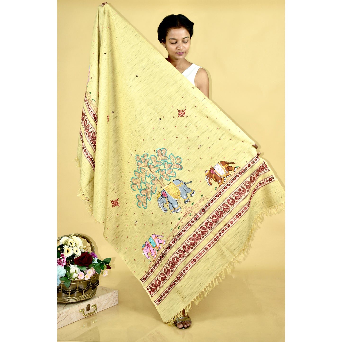 Pattachitra Gaj Gamini Handpainted Raw Silk Cotton Shawl