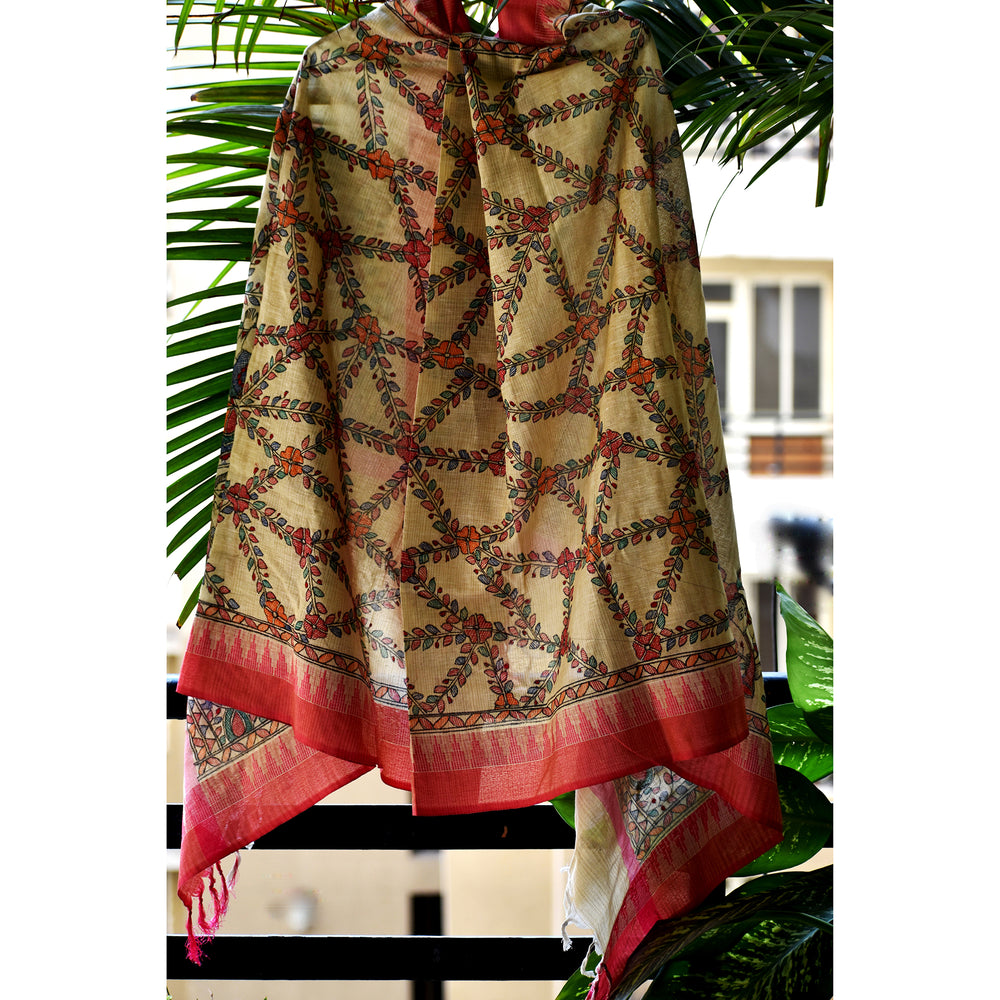 Yellow - Madhubani Hand-Painted Cotton Dupatta