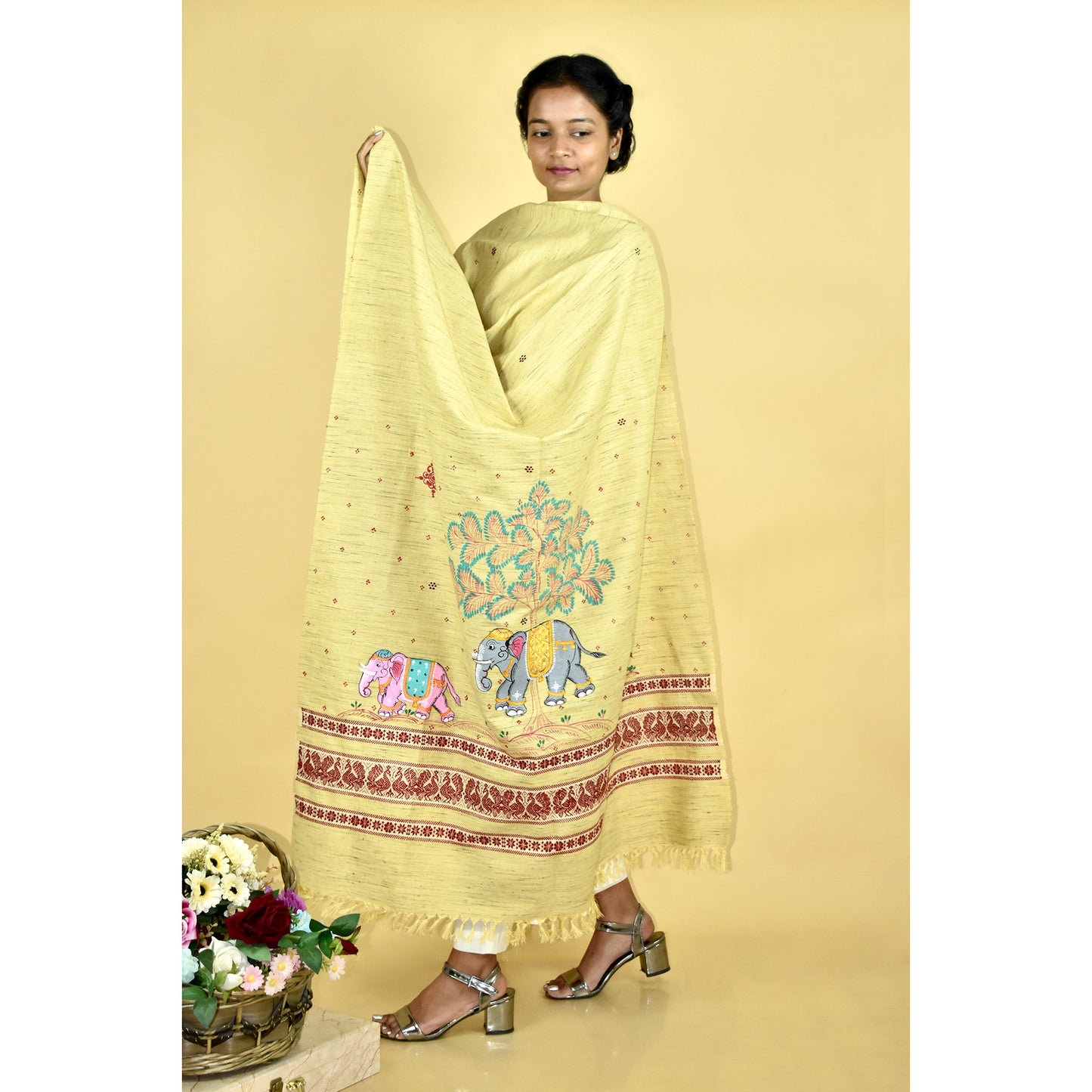 Pattachitra Gaj Gamini Handpainted Raw Silk Cotton Shawl