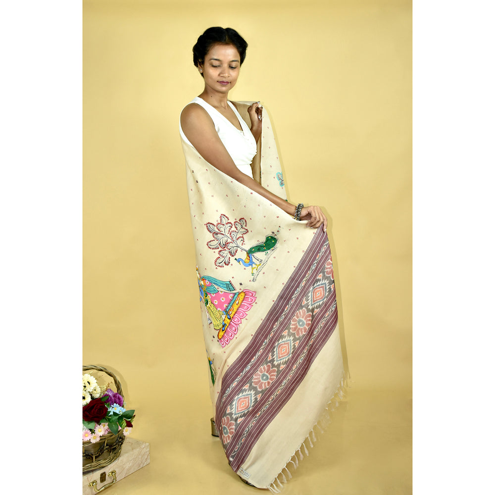 Beige - Pattachitra Ikkat Handpainted "Krishna Priya" Dupatta