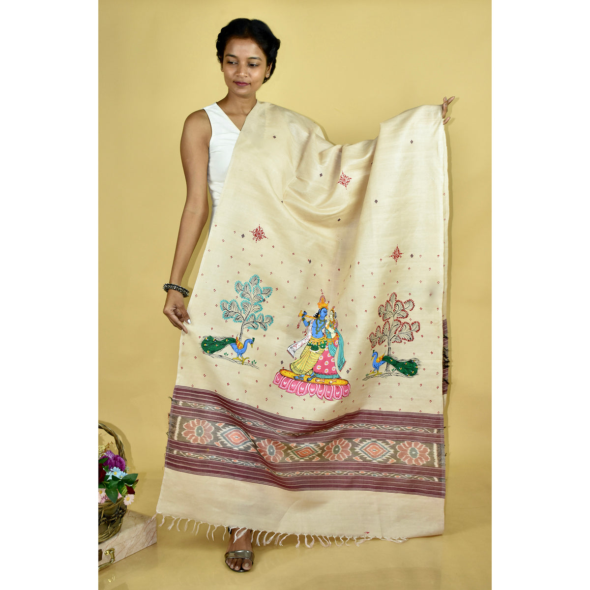 Beige - Pattachitra Ikkat Handpainted "Krishna Priya" Dupatta