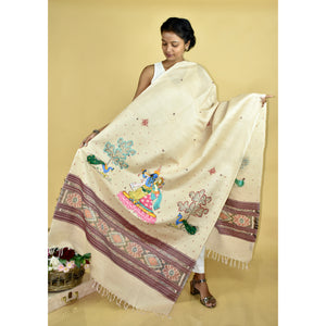 Beige - Pattachitra Ikkat Handpainted "Krishna Priya" Dupatta