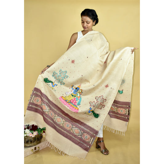 Beige - Pattachitra Ikkat Handpainted "Krishna Priya" Dupatta