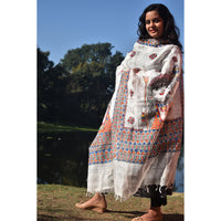 Madhubani Hand-Painted White Linen Dupatta