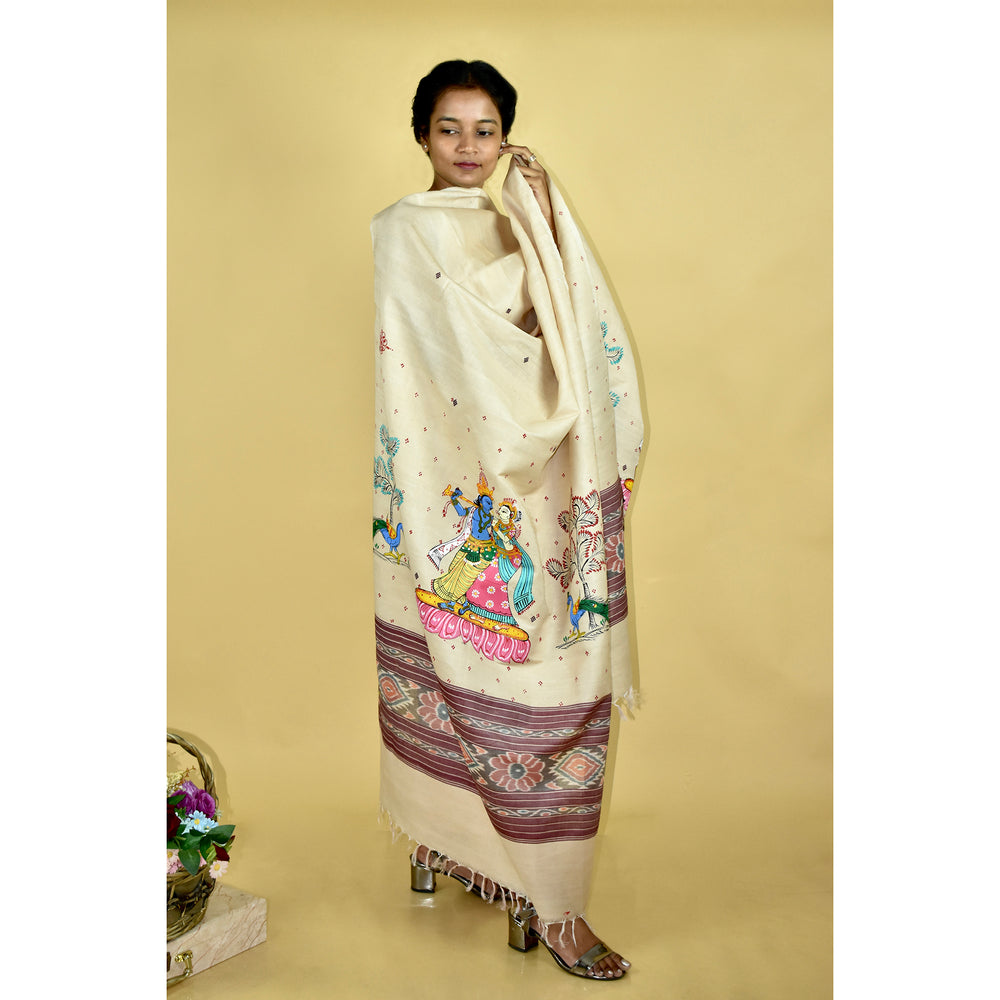 Beige - Pattachitra Ikkat Handpainted "Krishna Priya" Dupatta