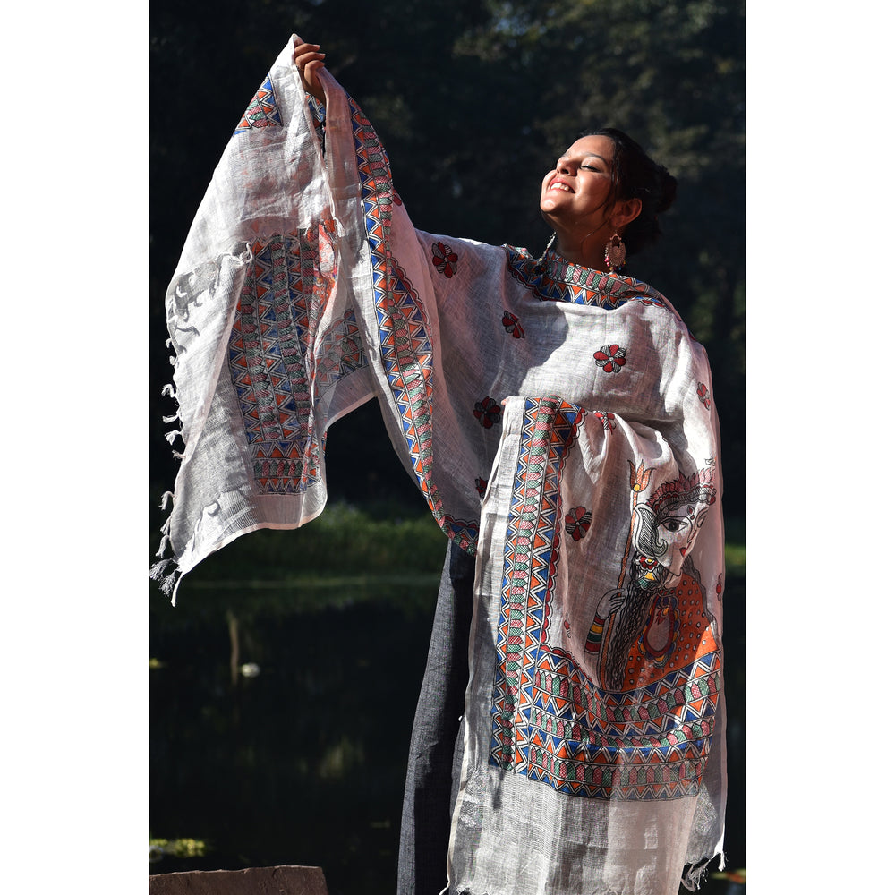 Madhubani Hand-Painted White Linen Dupatta