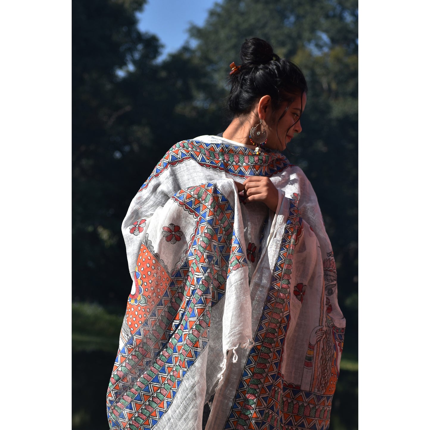 Madhubani Hand-Painted White Linen Dupatta