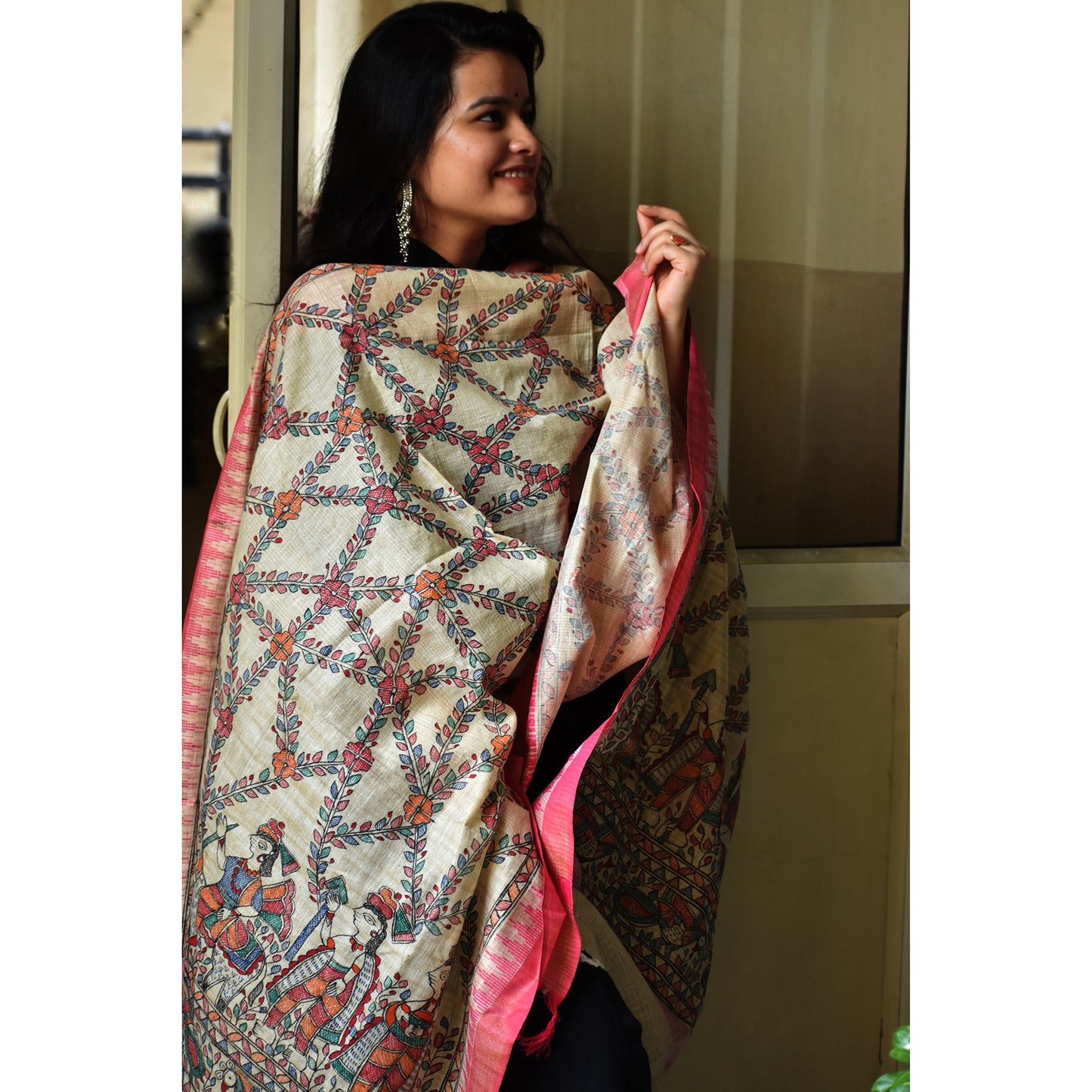 Yellow - Madhubani Hand-Painted Cotton Dupatta