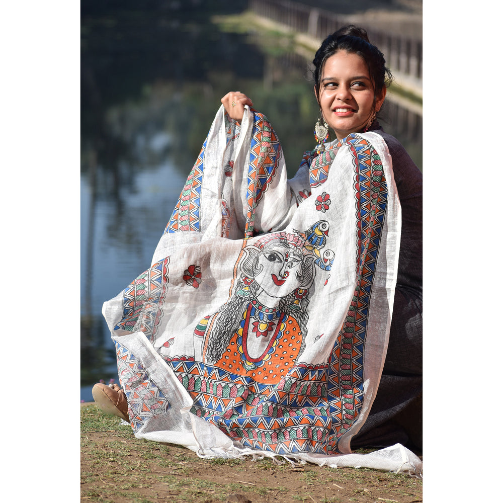 Madhubani Hand-Painted White Linen Dupatta