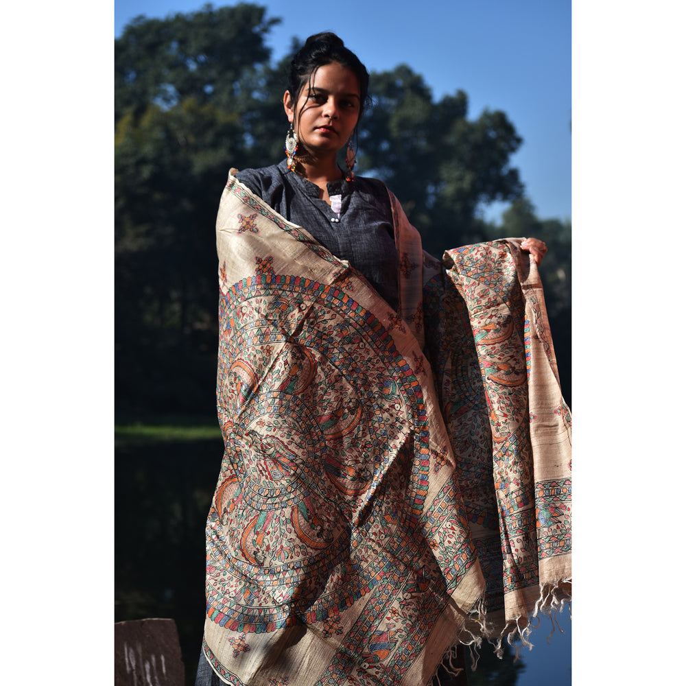 Multicolor - Madhubani Hand-Painted Tussar Silk Dupatta