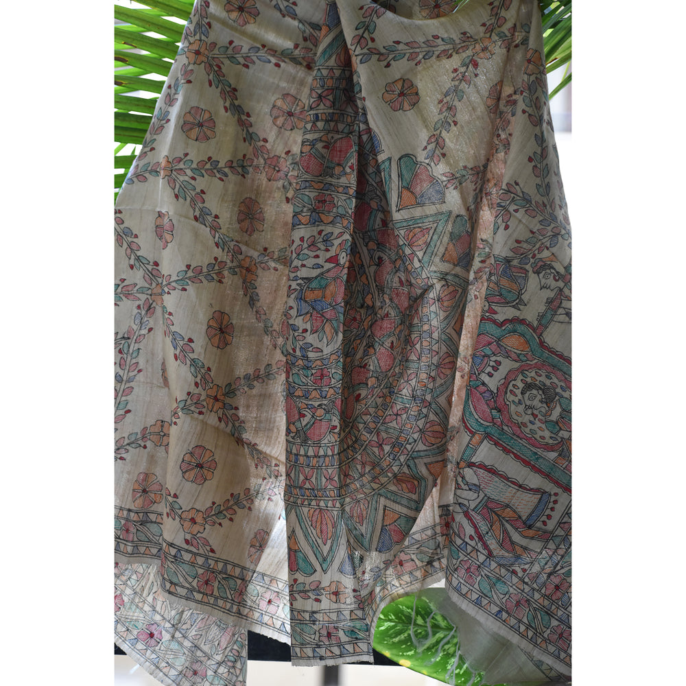 White - Madhubani Hand-Painted Natural Tussar Silk Dupatta