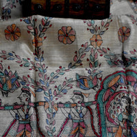 White - Madhubani Hand-Painted Natural Tussar Silk Dupatta