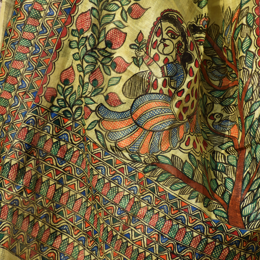 Yellow - Handpainted Madhubani Linen Radha Krishna Dupatta