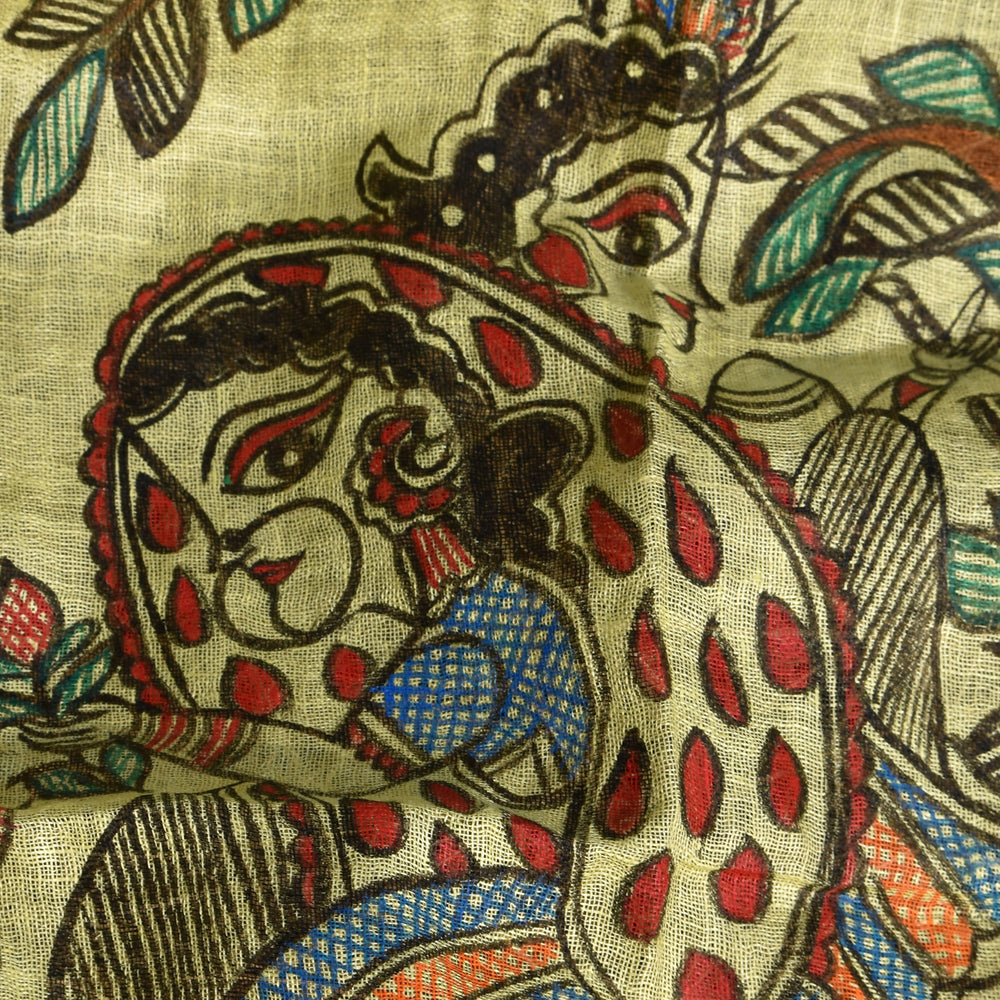 Yellow - Handpainted Madhubani Linen Radha Krishna Dupatta