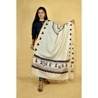 Beige - Warli Hand-painted Tussar Silk Dupatta