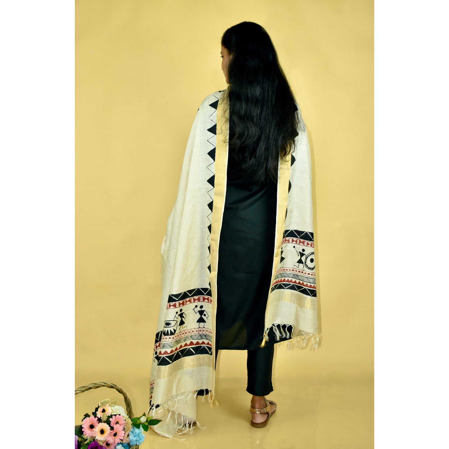 Beige - Warli Hand-painted Tussar Silk Dupatta