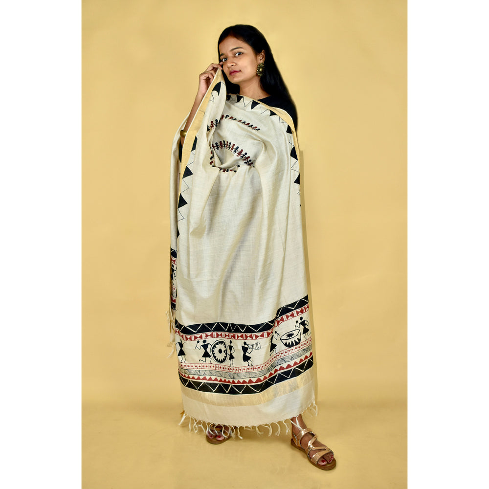 Beige - Warli Hand-painted Tussar Silk Dupatta