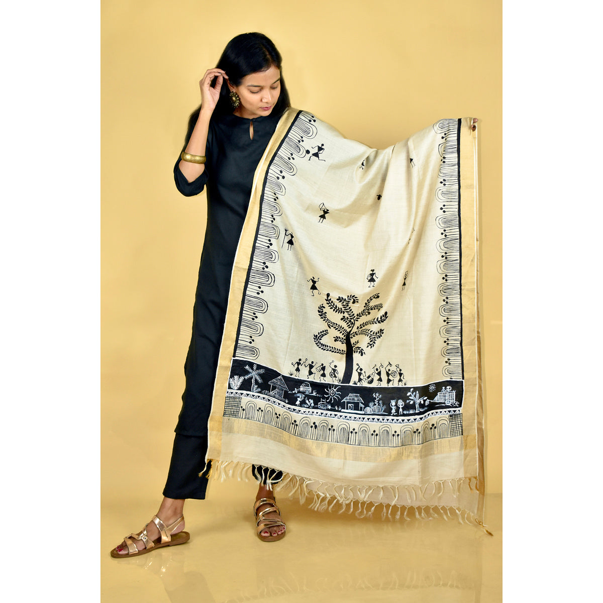 Beige - Warli Hand-painted Traditional Tussar Silk Dupatta