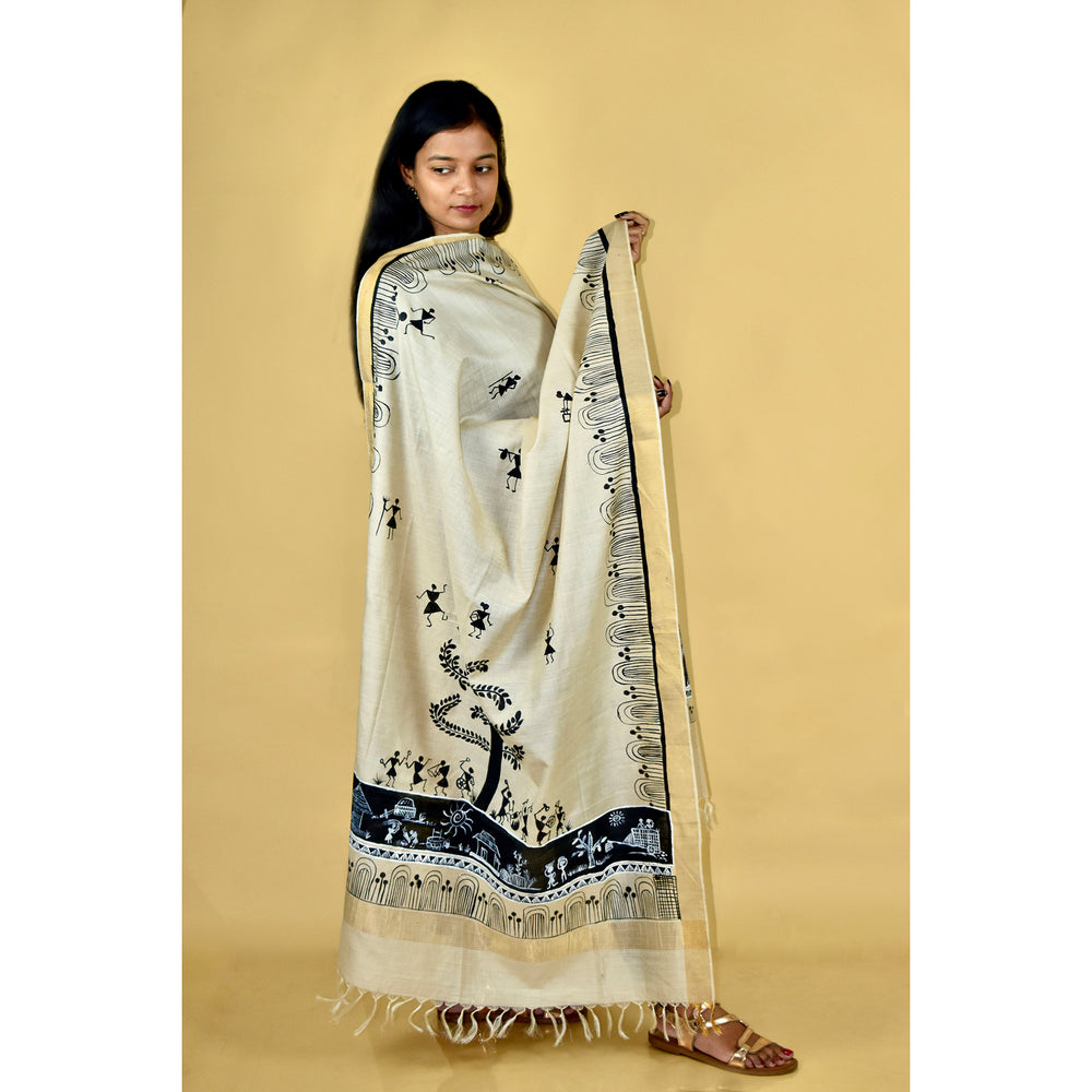 Beige - Warli Hand-painted Traditional Tussar Silk Dupatta