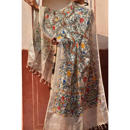 Multicolor - Madhubani All Over Floral Motifs Hand-Painted Linen Dupatta
